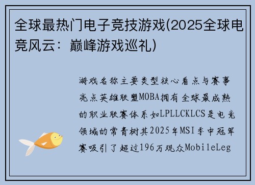 全球最热门电子竞技游戏(2025全球电竞风云：巅峰游戏巡礼)